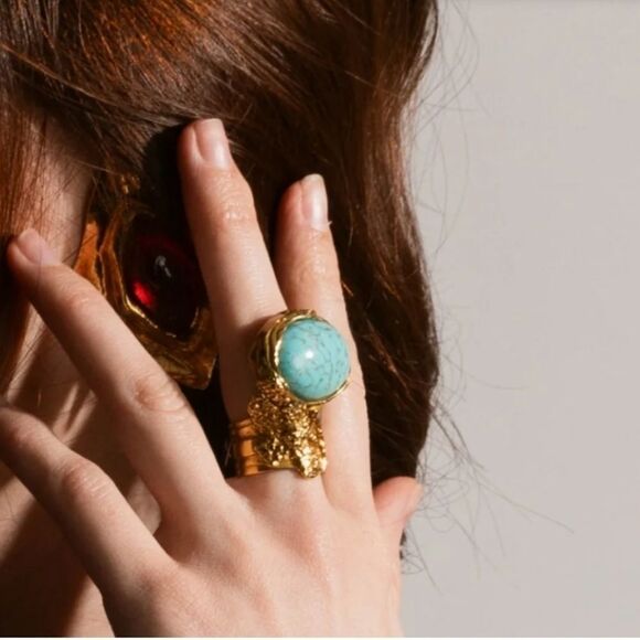 NWT Yves Saint Laurent Sz 4 RARE Pink YSL Arty Cabochon Statement 24KT Gold Ring - Picture 16 of 16